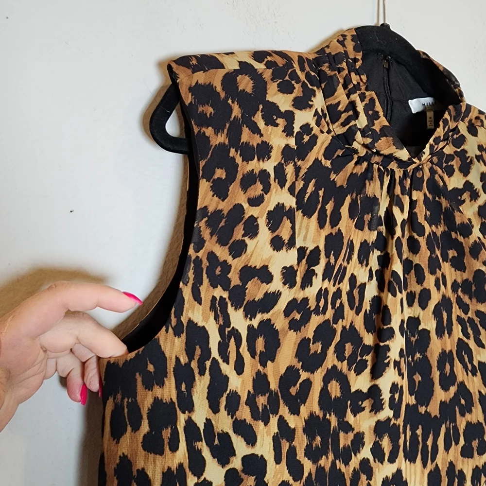 MILLY Rori Leopard Print Chiffon Sleeveless Blouse Top‎ Padded Shoulders Medium